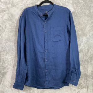 Collarless 100% linen  Shirt Mens size M  Blue Long sleeve